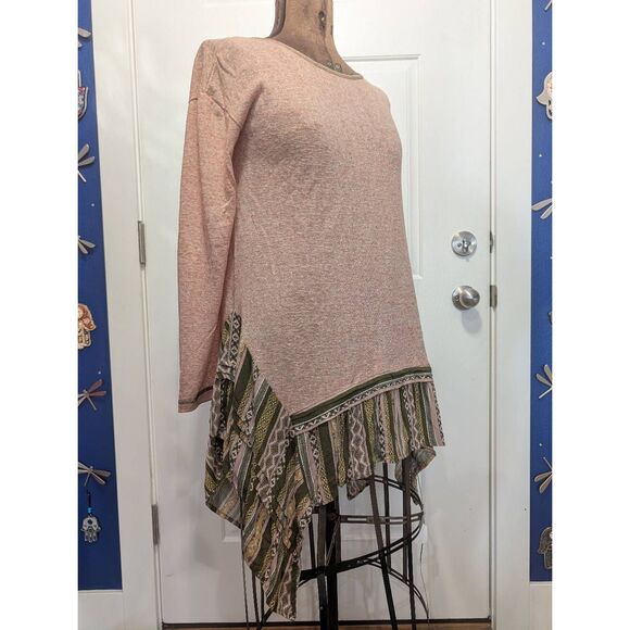 Oddy Boho Tribal Shark Bite Hem Tunic Top Long Sleeve Women's Medium Pink Green - Picture 2 of 14
